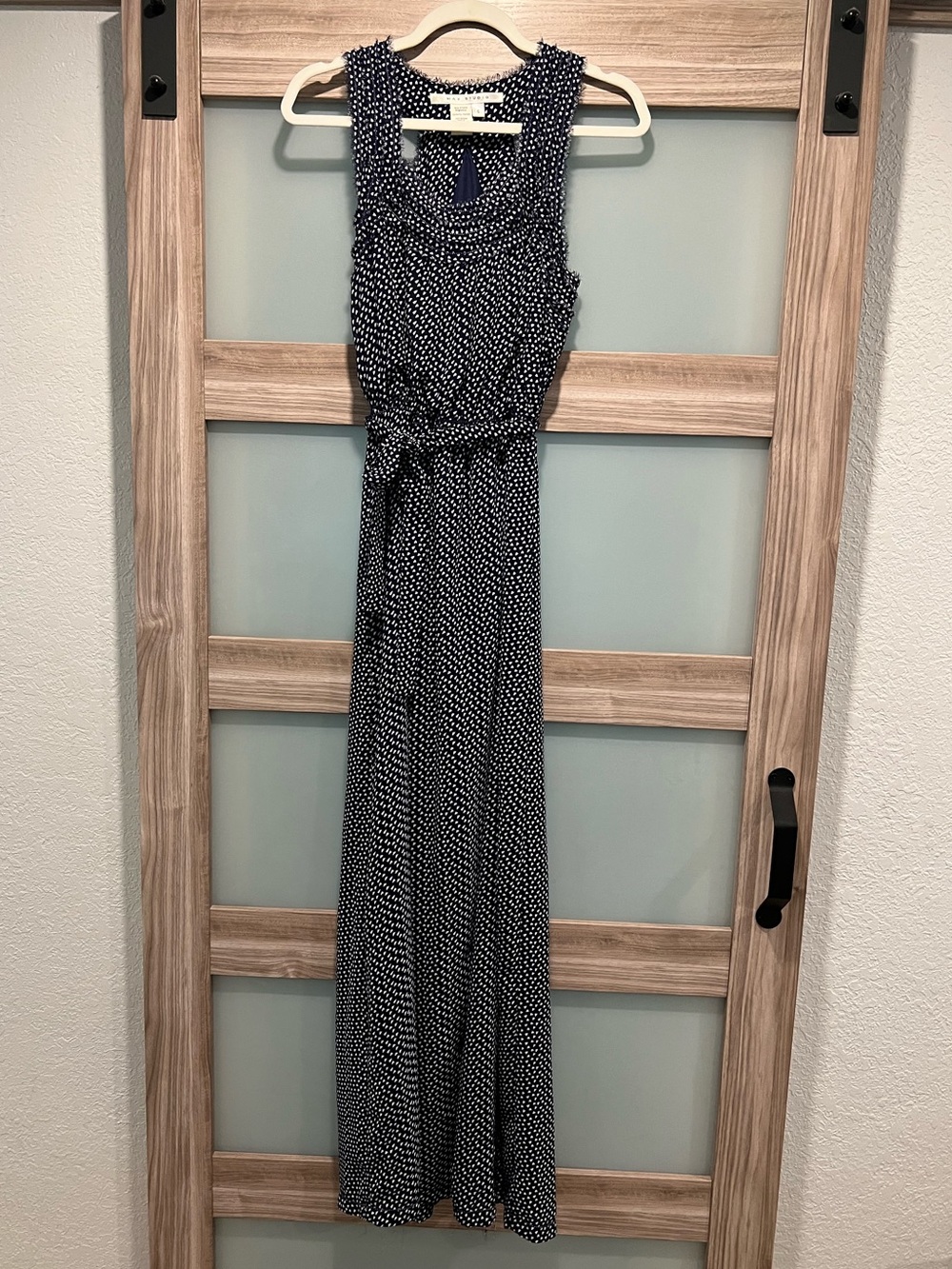 Max Studio | Navy and White Polka Dot Maxi Dress with Tie Waist